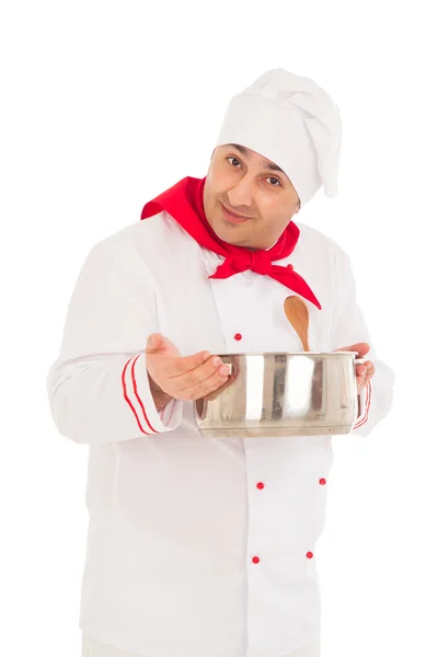 Smiling chef holding saucepan weraing red and white uniform — Stock Photo, Image