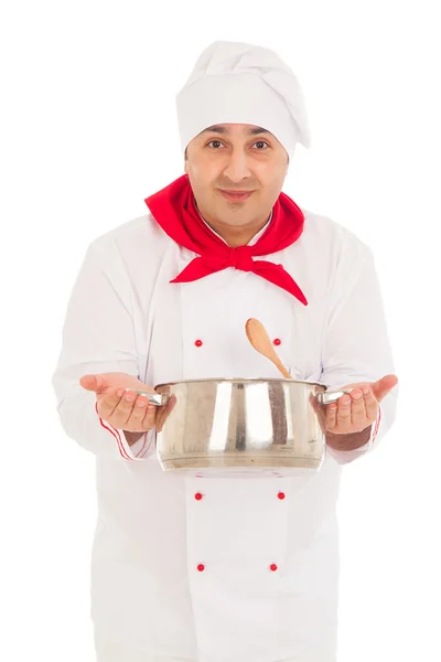 Smiling chef holding saucepan weraing red and white uniform — Stock Photo, Image