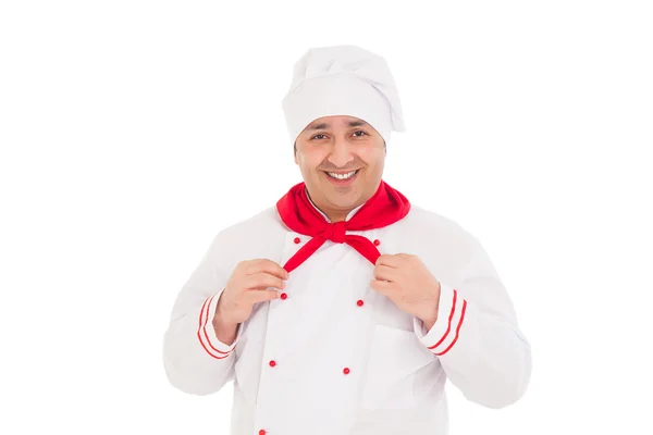 Happy chef wearing red and white uniform — Stock Photo, Image