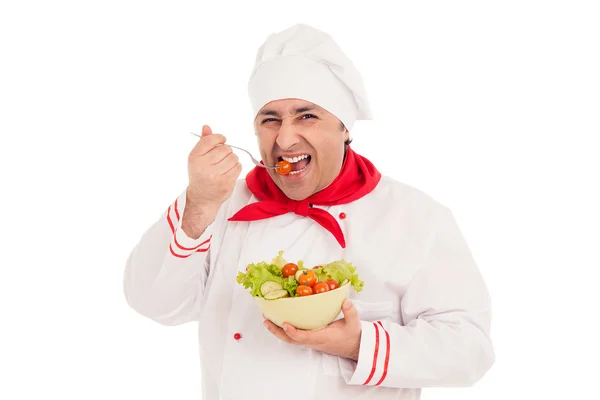 Chef holding dish with salad and fresh vegetables — Stock Photo, Image