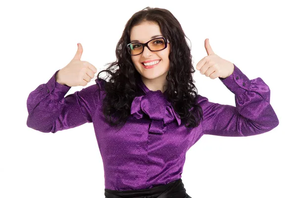 Beautiful smiling brunette woman showing thumbs up — Stock Photo, Image