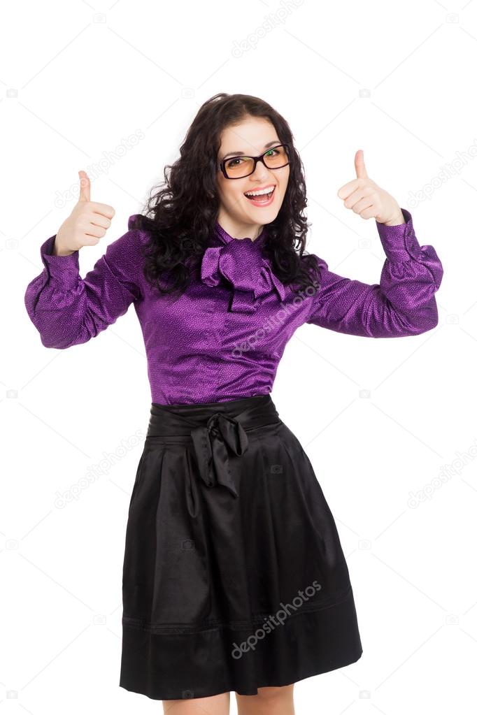 beautiful smiling brunette woman showing thumbs up