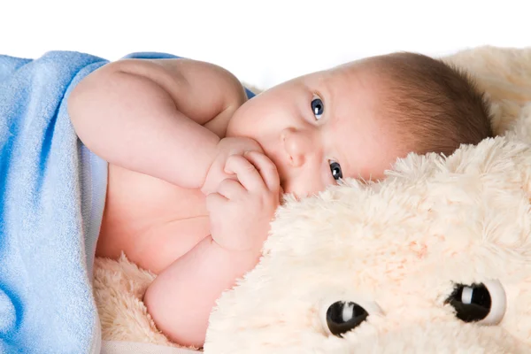 Baby in blue bath towel — Stock Photo, Image