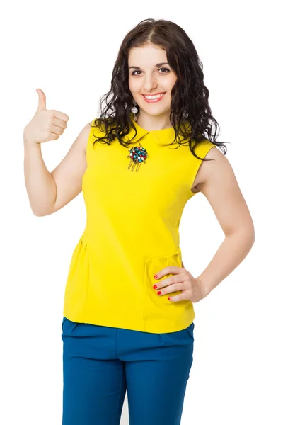 Beautiful brunette happy girl with curly hair thumbs up — Stock Photo, Image