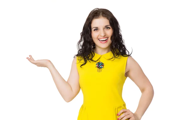 Brunette happy girl with curly hair wearing yellow blouse — Stock Photo, Image