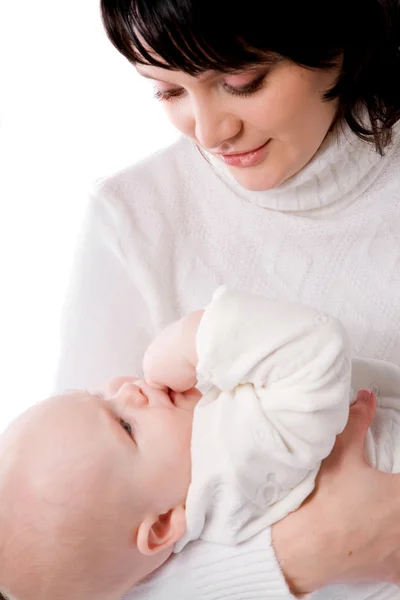 Foto van gelukkig moeder met baby over wit — Stockfoto