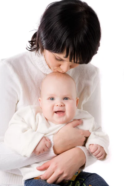 Foto van gelukkig moeder met baby over wit — Stockfoto