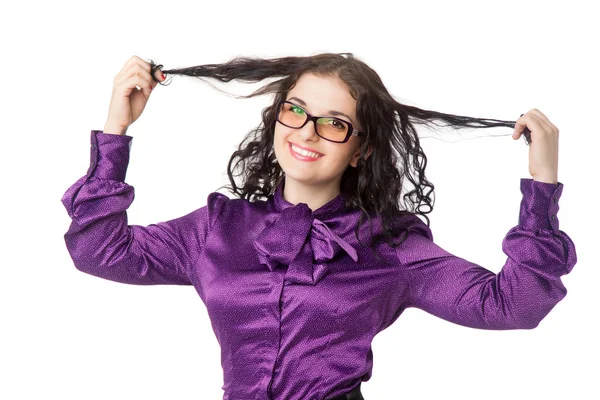 Beautiful smiling brunette woman wearing shirt, skirt and glasse — Stock Photo, Image