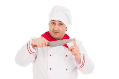 Kırmızı ve beyaz üniforma giyen tutarak Şef bıçak