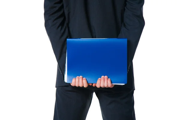 Hands holding blue folder with document — Stock Photo, Image