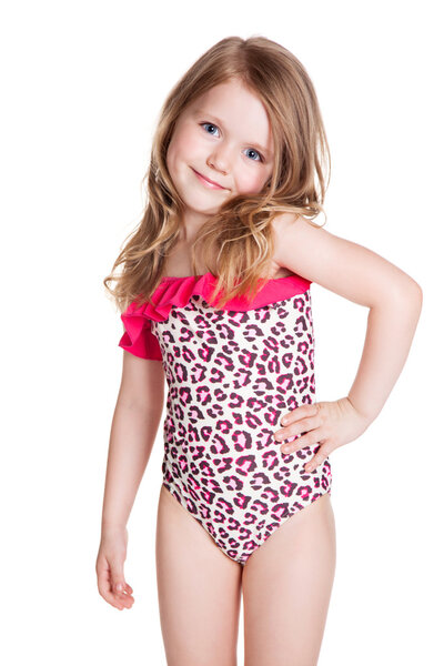 little blonde happy girl in pink swimsuit