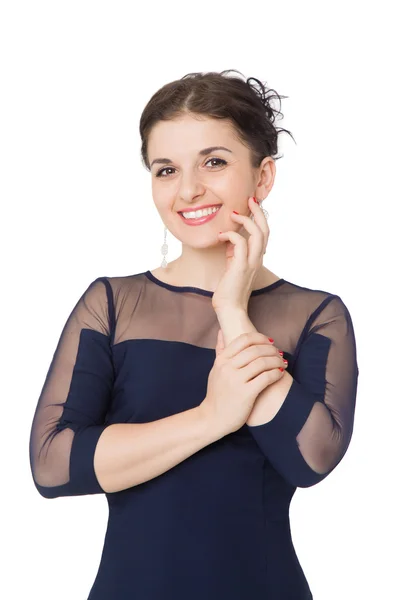 Beautiful slim brunette woman wearing blue dress — Stock Photo, Image