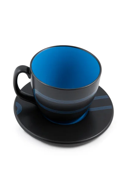 Grande tazza vuota nera e blu con piattino — Foto Stock