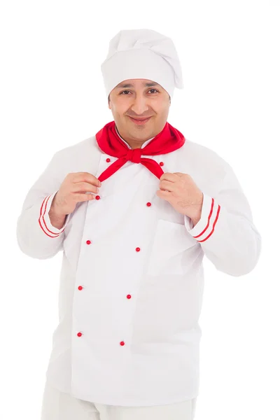 Chef feliz vestindo uniforme vermelho e branco — Fotografia de Stock