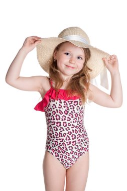 küçük sarışın mutlu kız pembe mayo şapka tutan 