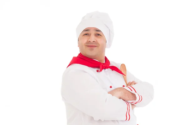 Glada kocken bär röda och vita uniform — Stockfoto