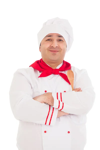 赤と白の制服を着て幸せなシェフ — ストック写真