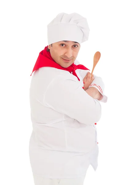 Chef vistiendo uniforme rojo y blanco — Foto de Stock