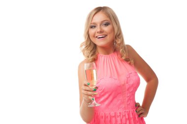 şampanya içmek pembe elbise giymiş, sarışın kadın 