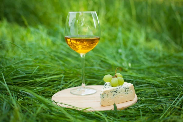 Glas Wein mit Blauschimmelkäse und Trauben im Freien — Stockfoto