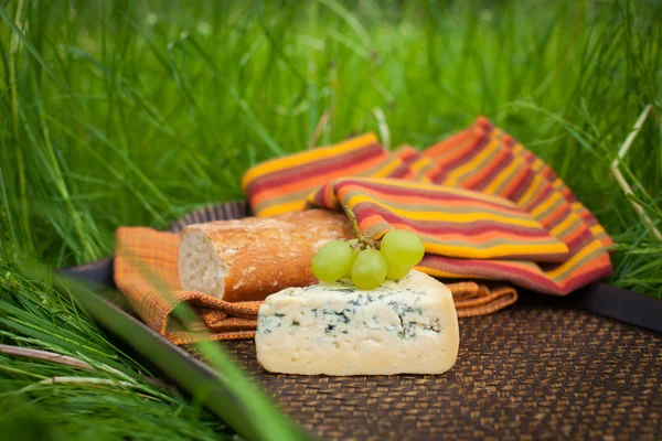 Blue cheese with grapes and baguette on tray — Stock Photo, Image