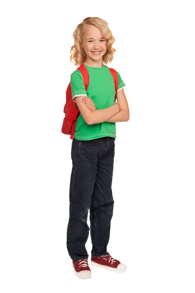 Liten blond flicka i grön t-shirt med röd väska — Stockfoto