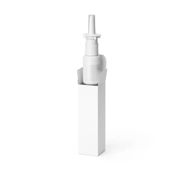 Closeup Opened Blank Drug Box Pharmaceutical Spray White Photorealistic Illustration — Fotografia de Stock