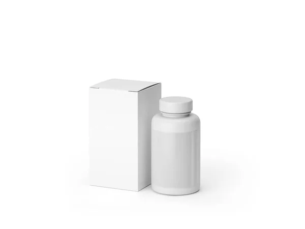 Closeup Blank Drug Box Pharmaceutical Pill Bottle Isolated White Photorealistic — Zdjęcie stockowe