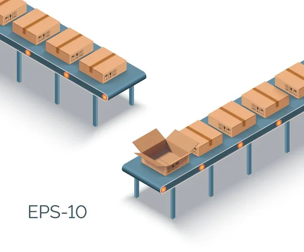 Transportör Med Lådor Vektorillustration Transportband Med Kartonger Leveranskoncept — Stock vektor