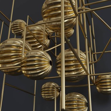 3 boyutlu illüstrasyon. Volumetrik soyut arkaplan resmi. Topların ve çizgilerin kompleks 3 boyutlu geometrisi, siyah arka planda gölgesi olan altın rengi. Kartpostallar için arka plan. Posterler. Web. Doku. Hazırla