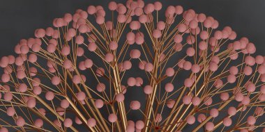 3 boyutlu illüstrasyon. Volumetrik soyut arkaplan resmi. Böğürtlen şeklinde, siyah arka planda gölgesi olan karmaşık bir üç boyutlu geometri. Kartpostallar için arka plan. Posterler. Web. Doku. Hazırla