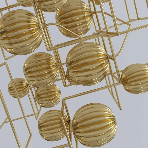 Illustration Volumetric Abstract Background Image Complex Geometry Balls Lines Golden — Fotografia de Stock