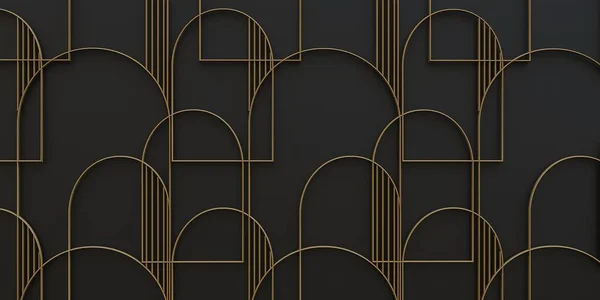 3 boyutlu illüstrasyon. Soyut arkaplan. Siyah arkaplandaki altın hacimli çizgiler. Volumetrik düz çizgiler ve kemerli çizgiler. Kartpostallar için arka plan. Hazırlama, 3 boyutlu panel, doku, siyah altın sırt