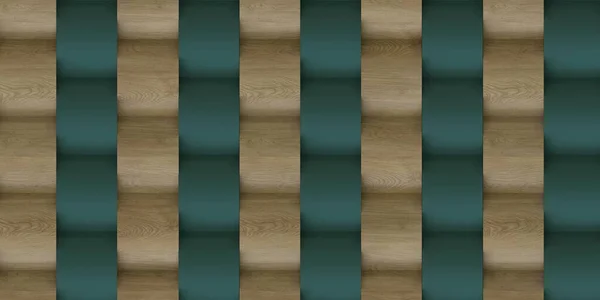 3D例证 背景为绿色与木质部的3D组合板 具有轻质木材和绿色质感的波浪形三维板材 — 图库照片