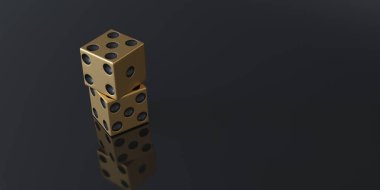 3 boyutlu illüstrasyon. Soyut arka plan, gölgeli altın zarlar siyah parlayan arka plan 33d duvar kağıdı. İş teması üzerine arka plan. Oyun serveti.