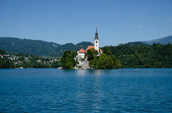 Eglise Assomption Marie Sur Une Île Milieu Lac Bled Slovénie — Photo