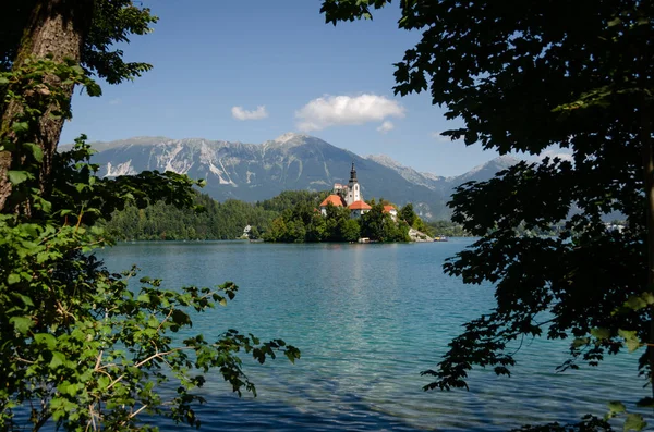 Igreja Assunção Maria Uma Ilha Meio Lago Bled Eslovênia Vista — Fotografia de Stock