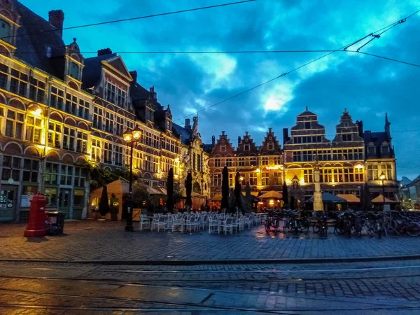 Arquitectura Medieval Gante Bélgica Iluminada Por Noche — Foto de Stock