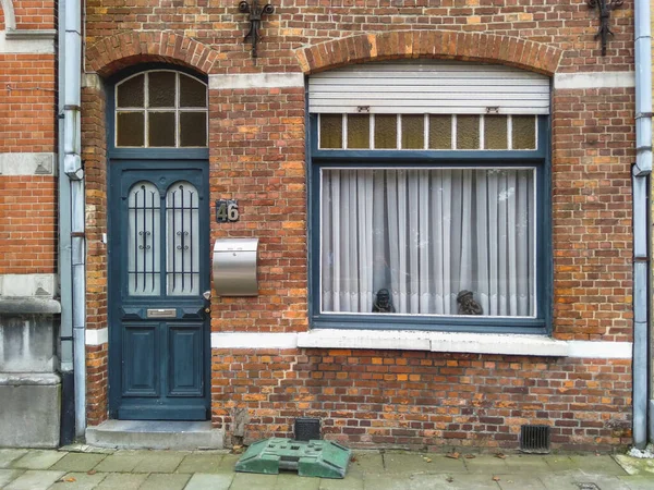 Exterior Old Brick House Wooden Door Big Window Two Small — Photo
