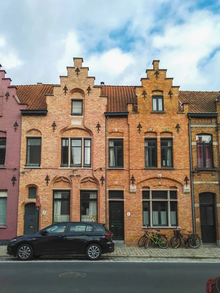 Brick Facade Medieval Houses Bruges Town Belgium — стоковое фото