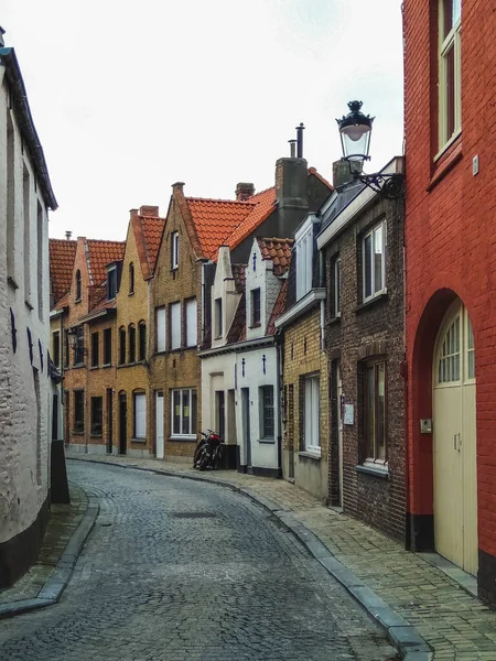 Historical Street Medieval Brick Houses Bruges Town Belgium — 스톡 사진
