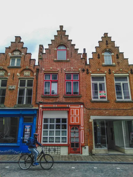 Historical Street Medieval Brick Houses Bruges Town Belgium — ストック写真