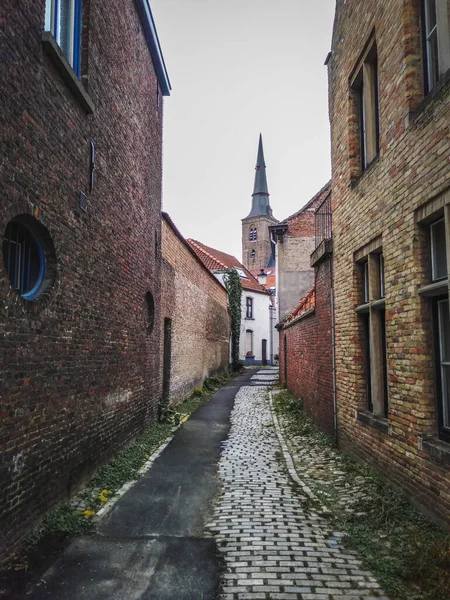 Belçika Nın Bruges Şehrinde Ortaçağ Tuğlalı Evleri Kilise Kulesi Olan — Stok fotoğraf