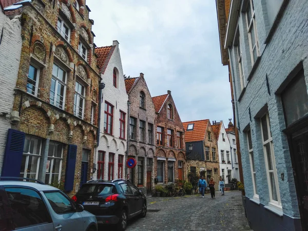 Historical Street Medieval Brick Houses Bruges Town Belgium — Zdjęcie stockowe