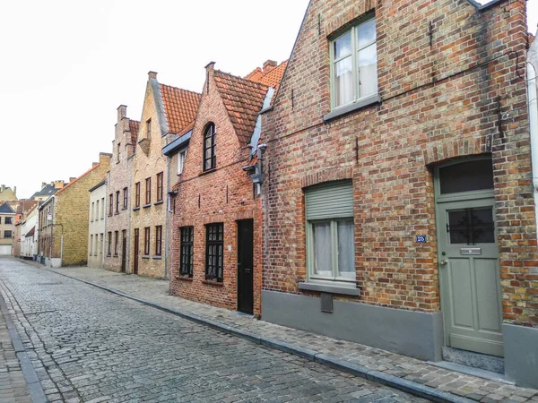 Historical Street Medieval Brick Houses Bruges Town Belgium — 스톡 사진