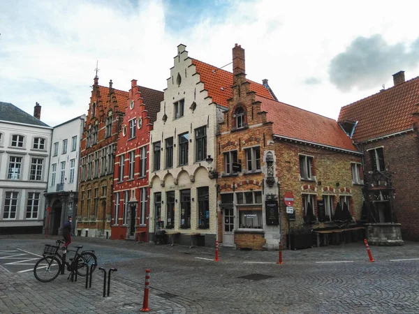 Historical Street Medieval Brick Houses Bruges Town Belgium — Zdjęcie stockowe