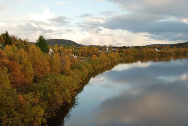 Karasjok Village Reflected River Finnmark Norway — Stockfoto