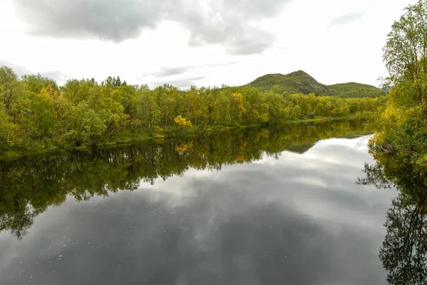 Autumn Colorful Nature Finnmark Region Norway Reflected River — Stok Foto