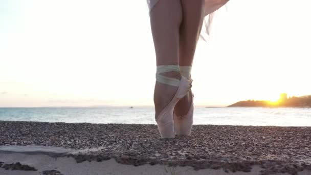Bailarina Bailando Pies Punta Joven Hermosa Bailarina Está Bailando Playa — Vídeos de Stock
