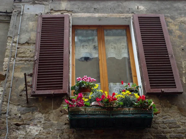 Ventana Madera Con Flores Italia — Foto de Stock